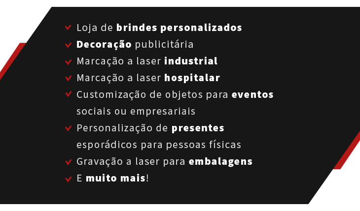 Gravação a laser é um dos negócios lucrativos, vejo com o que você pode trabalhar: loja de brindes personalizados, decoração publicitária, marcação a laser industrial e hospitalar, customização de objetos para eventos, personalização de presentes, gravação a laser para embalagens e mais!