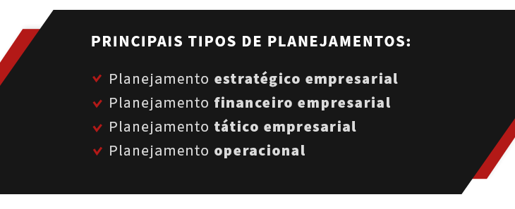 Principais tipos de planejamentos: estratégico empresarial, financeiro empresarial, tático empresarial e operacional