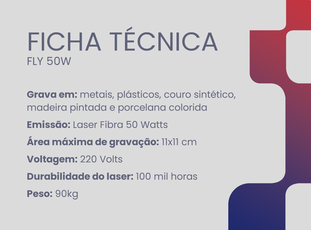 Especificações técnicas da máquina de gravação Fly 50W