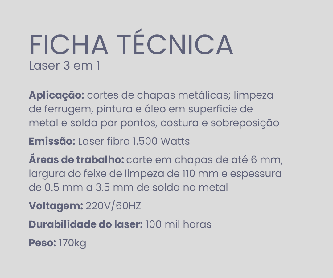 especificações técnicas do modelo 3 em 1 da Inova Laser, uma das máquinas de solda mais versáteis do mercado